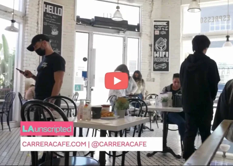 Interior of Carrera Cafe with LA Unscripted Chyron